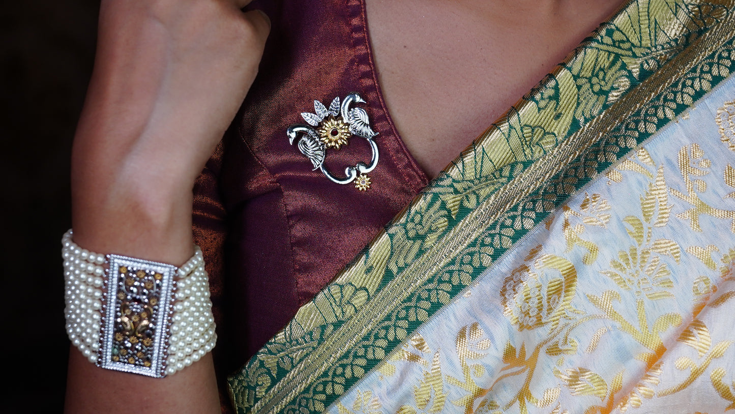 Dual peacock malini brooch
