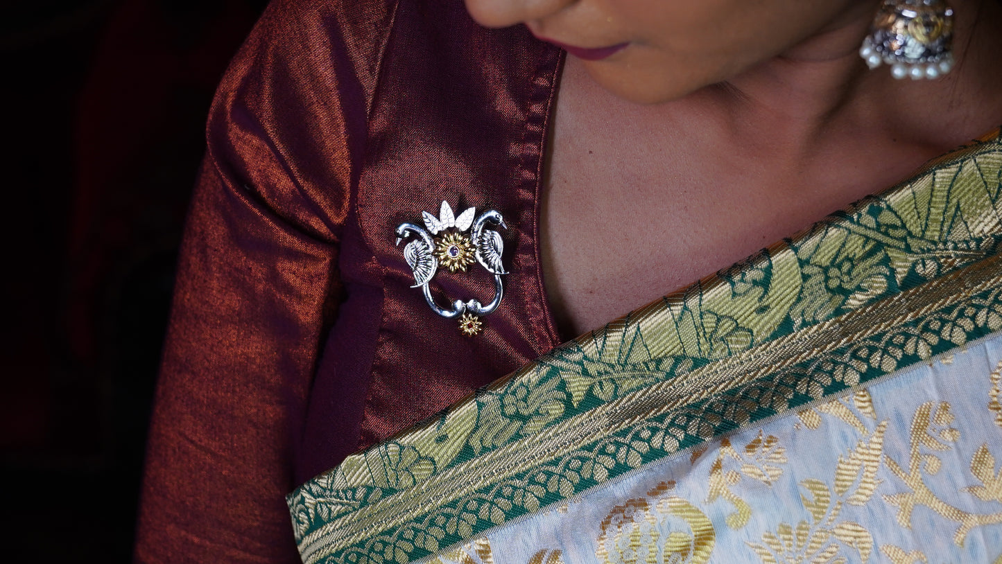 Dual peacock malini brooch