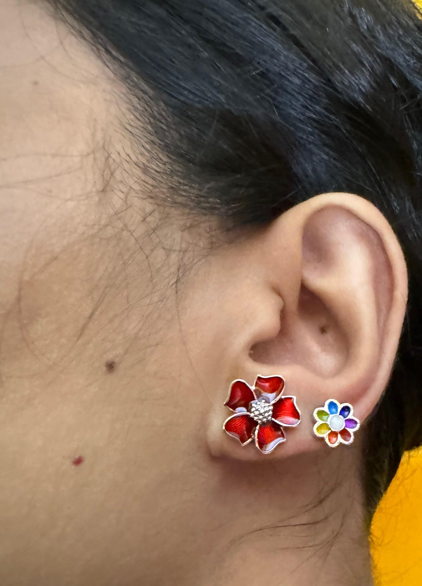 Red flower and rainbow earring combo