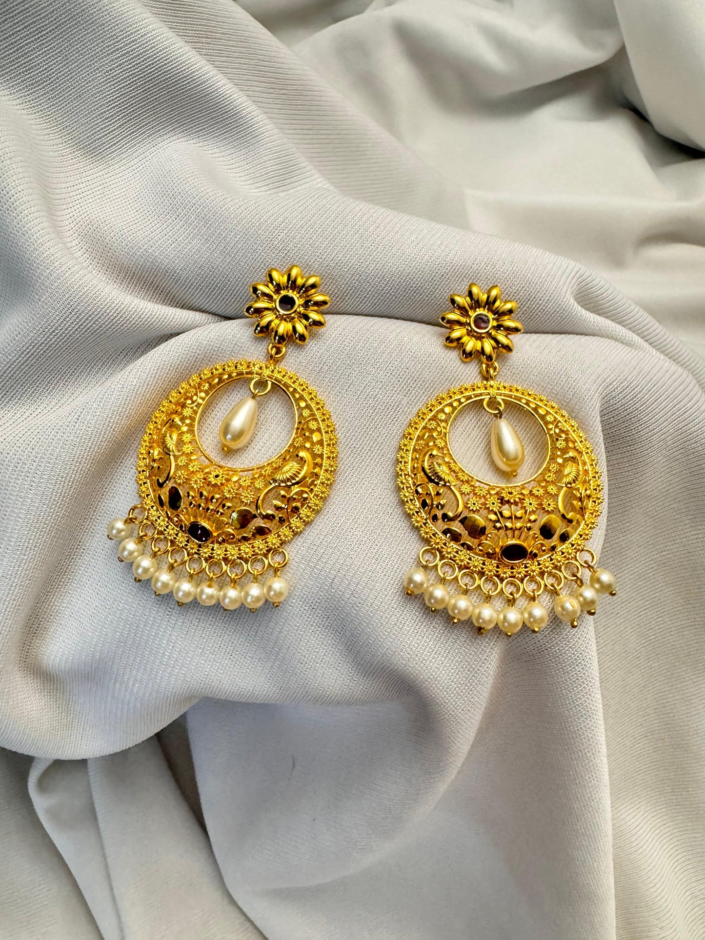 Peacock jal work chandbali gold polished earring