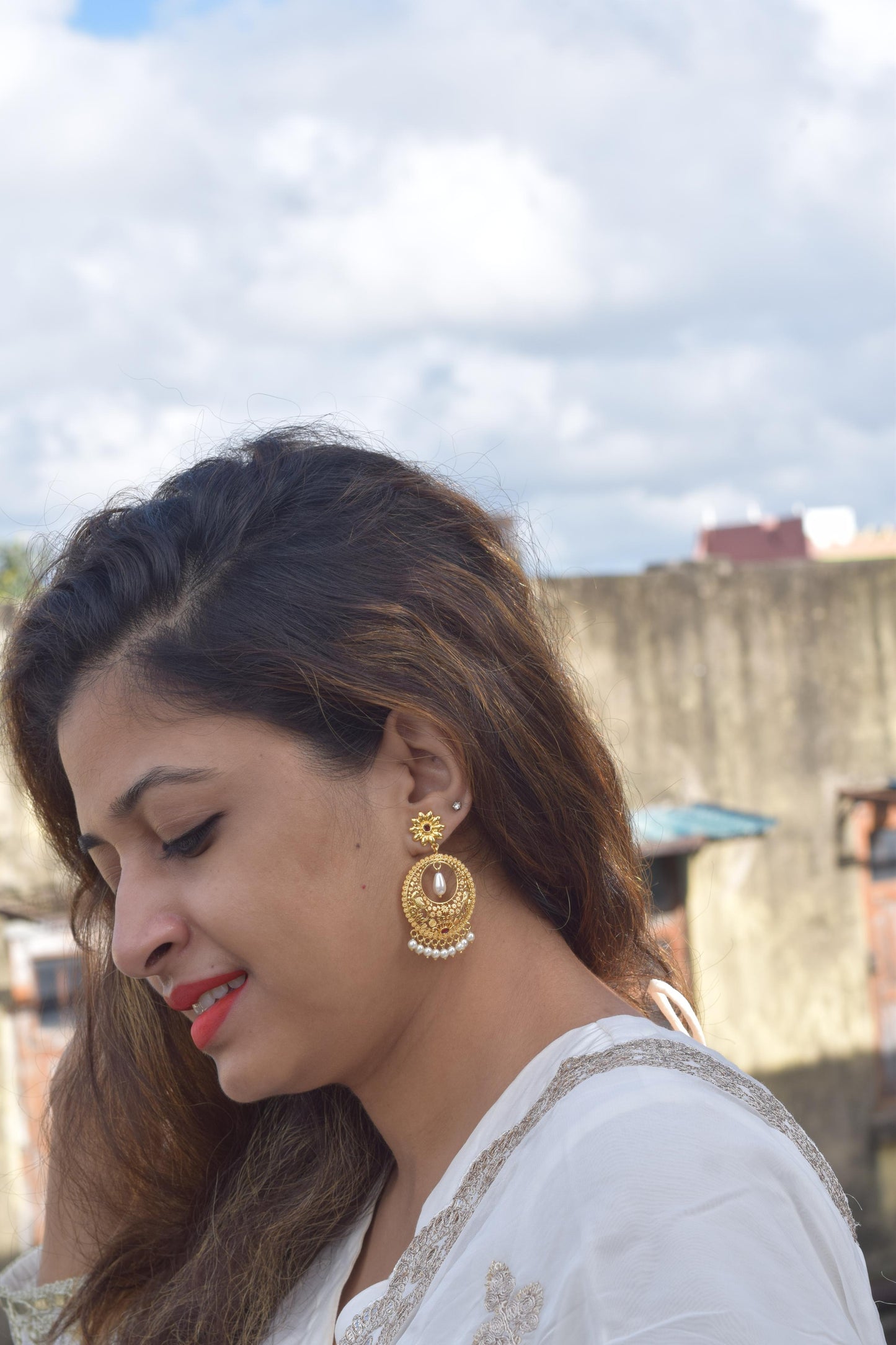 Peacock jal work chandbali gold polished earring