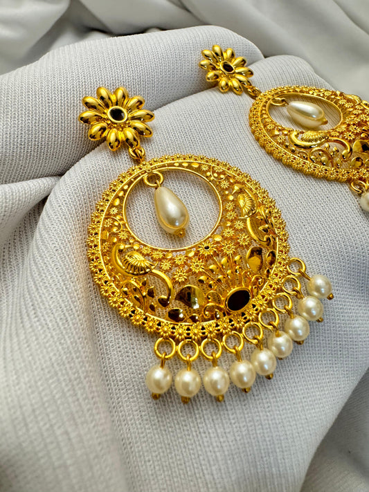 Peacock jal work chandbali gold polished earring