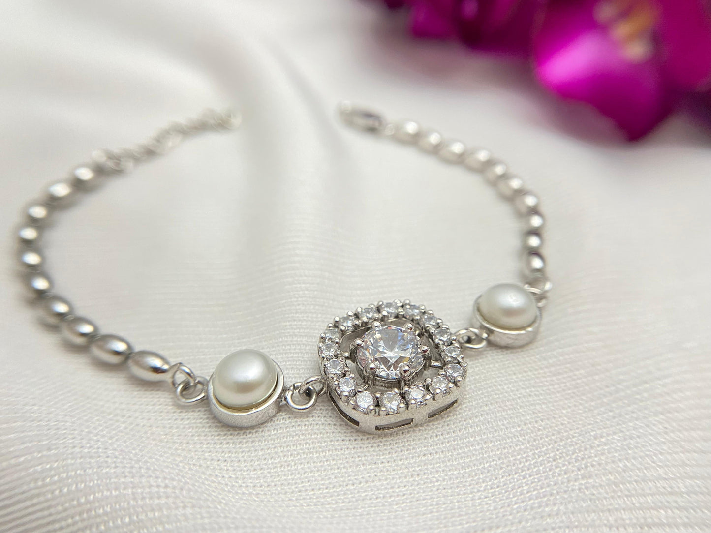 Silver zircon and pearl wristlet