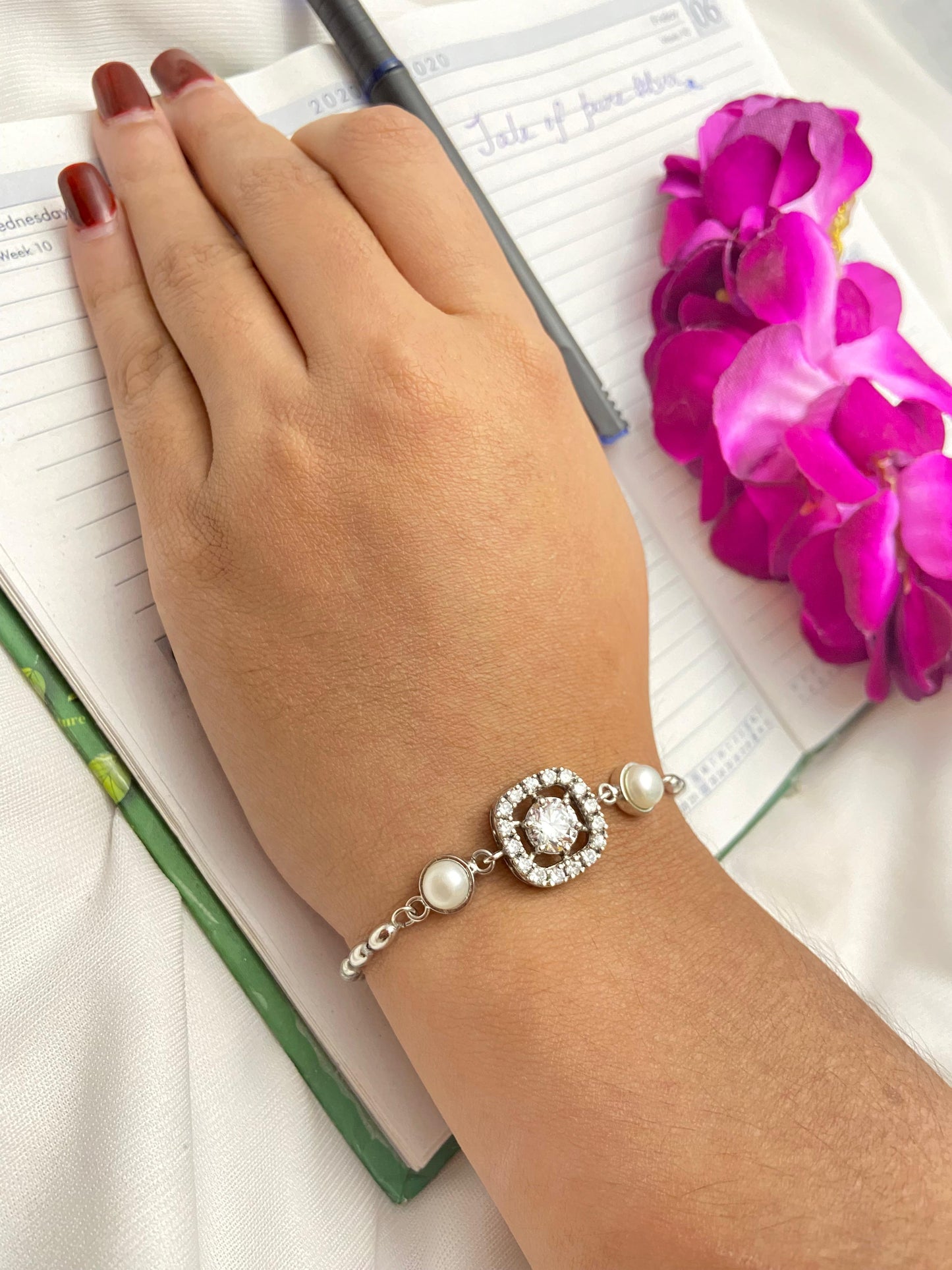 Silver zircon and pearl wristlet