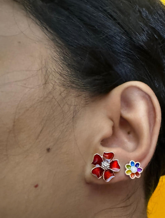 Red flower and rainbow earring combo