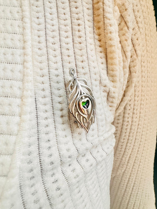 Peacock feather brooch